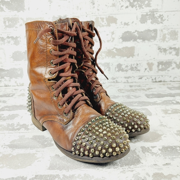 Steve Madden Tarnney Brown Leather Side Zip Lace Up Studded Combat Boots i764 - Picture 4 of 11